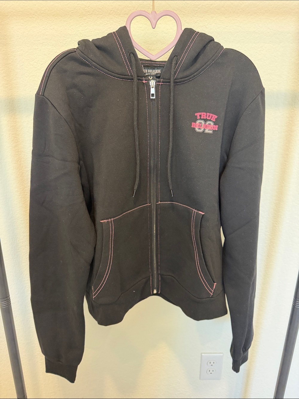True Religion Black Hoodie with Pink Contrast Stitching